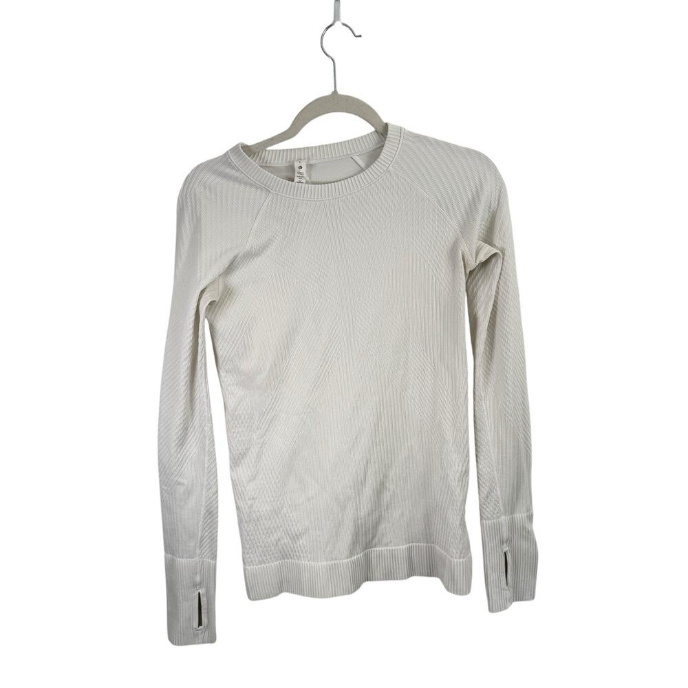 Lululemon Rest Less Ribbed Pullover White Long Sleeve Thumbholes Gym Womens 8 - Picture 2 of 7